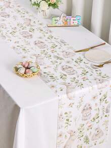 1pc Easter Bunny Table Runner, Funny Rabbit & Floral Pattern Tablecloth, Spring Kitchen Dining Table Decor, Easter Home Decoration, 13x70 Inches - Multicolor - View 5