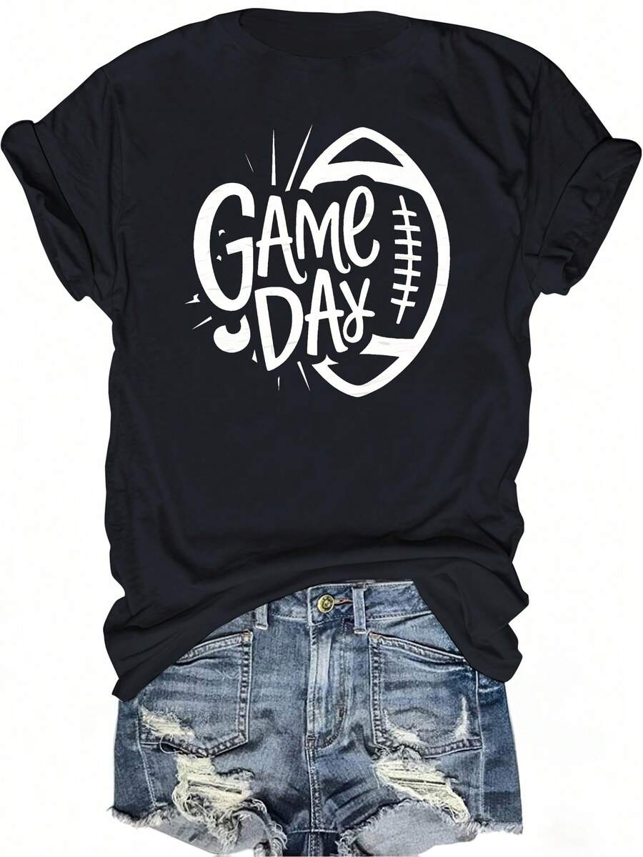 American Football Game Day Pure Cotton Women's Comfortable T-Shirt Fashionable Women's Clothing - 黑色 - 查看 1