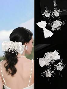 4 pièces Accessoire de tête de mariée en alliage d'or fait à la main avec perles et fleurs, accessoires de cheveux de mariage, décoration de robe de mariée et de fête, accessoires pour la Saint-Valentin