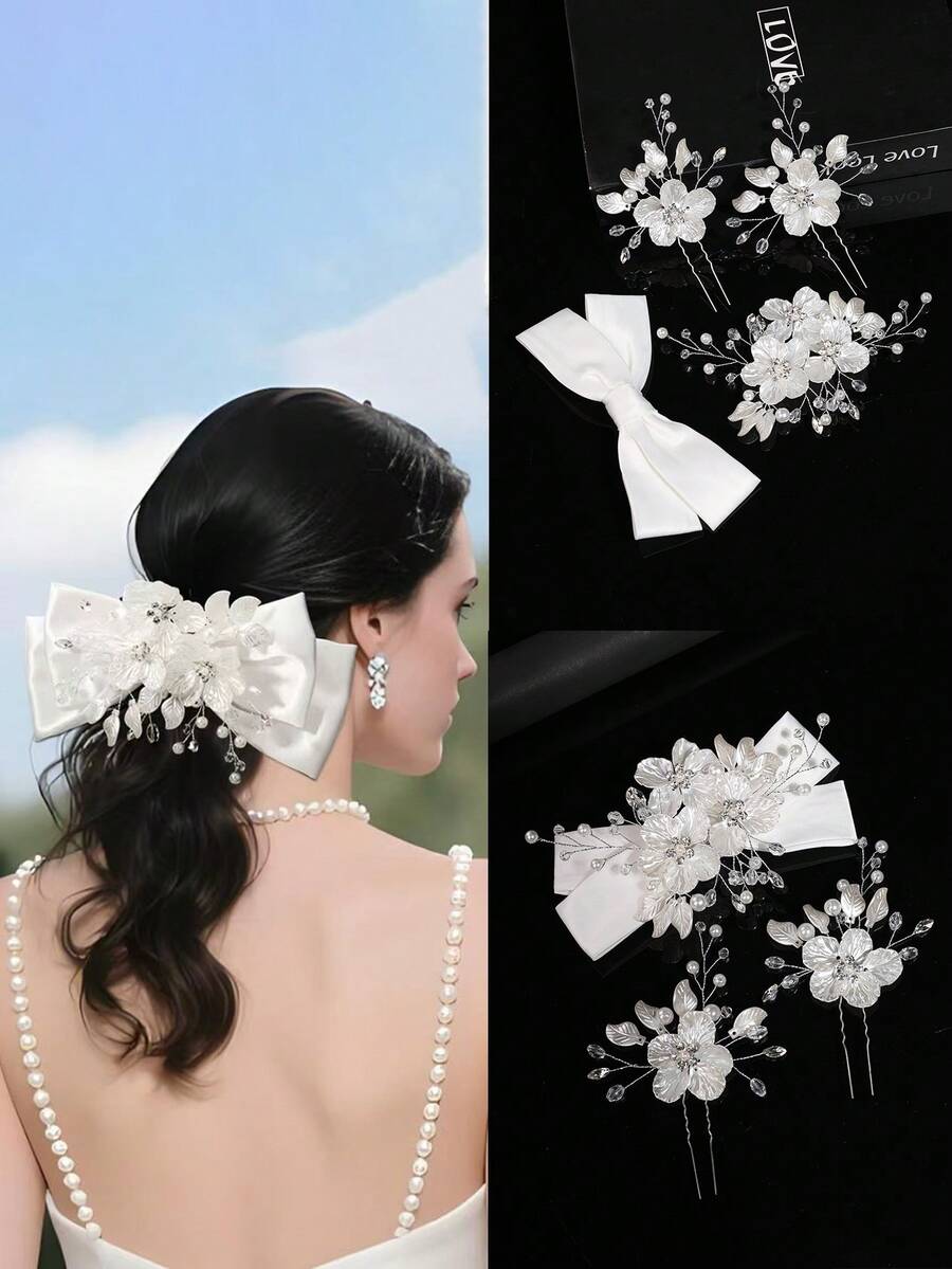 4 pièces Accessoire de tête de mariée en alliage d'or fait à la main avec perles et fleurs, accessoires de cheveux de mariage, décoration de robe de mariée et de fête, accessoires pour la Saint-Valentin