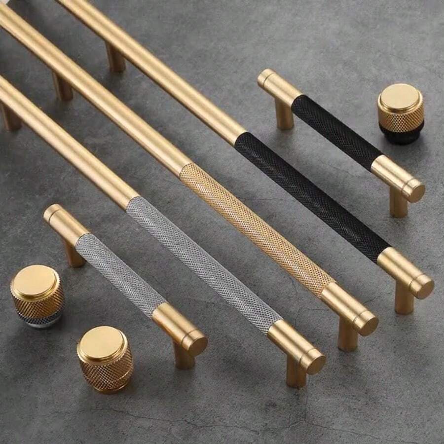 1个/2个 现代简约铝合金滚花雕刻金色橱柜门拉手抽屉单孔把手衣柜门五金家具把手 - 金色 - 查看 1
