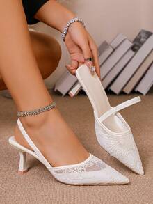 Women's Pointed Toe Kitten Heel Slip-On Sandals - White - View 9