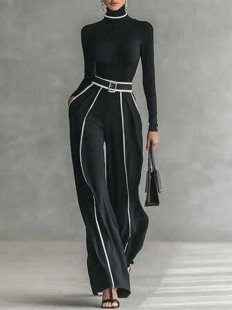 Elegant Women's Two Piece High Neck Long Sleeve Top And Belted Wide Leg Pants Set With White Trim Detail Pockets And Medium Stretch Woven Fabric