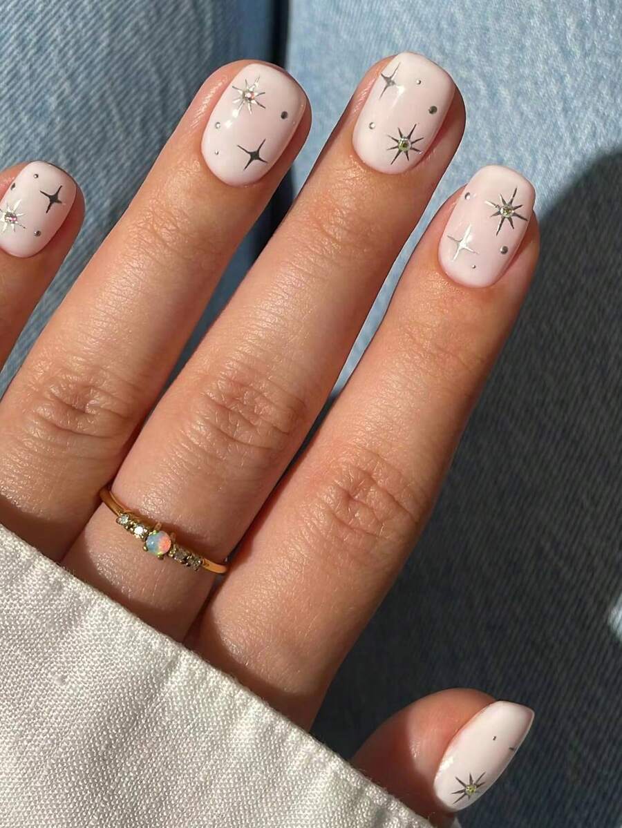 24 Stück kurze quadratische weiße französische Maniküre Nagel Aufkleber mit Stern- & Strass-Dekor, charmanter femininer Stil, leicht zu tragende Acryl-Fake-Nägel-Set beinhaltet 1 Stück Gelee-Gel und 1 Stück Nagelfeile, geeignet für Frauen & Mädchen im Alltag und verschiedene Partys Nagelpflege-Zubehör - Verschiedenfarbig - Übersicht 1