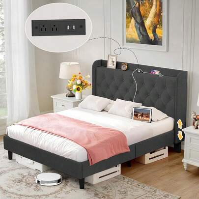 Base Cama Matrimonial con Cabecera de Almacenamiento, Base para Cama Tapizada con Estación de Carga (USB/Tipo-C), Tejido Engrosado y Resistente al Desgaste, Altura Ajustable, Colchón de 0-35cm