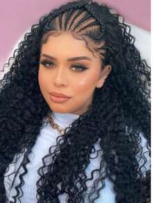 13x4 HD Lace Front Half Braided Half Wavy Curly Wigs With Baby Hair 24" Cornrow Braided Wigs Synthetic Black Pre Braids Lace Front Wigs - Black - View 5