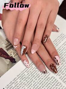 Bộ 10 miếng dán móng tay hình hạnh nhân ngắn, làm thủ công, nhiều kiểu dáng khác nhau bao gồm hồng, chấm bi, nâu, kiểu Pháp, ren, sọc, kiểu ngọt ngào với nơ trang trí, dễ thương và đa năng, phù hợp cho Giáng sinh, tiệc tùng, lễ kỷ niệm, sử dụng hàng ngày, bao gồm dụng cụ làm móng, món quà lý tưởng cho phụ nữ và bé gái. - Nhiều màu - Xem 3