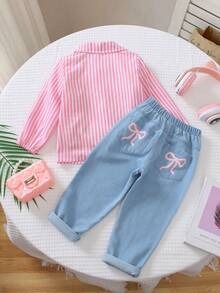 2pcs/Set Girls Minimalist Pink & White Striped Long Sleeve Collared Shirt Top And Bow Print Light Blue Straight Leg Jeans Pants Outfit - Pink - View 9
