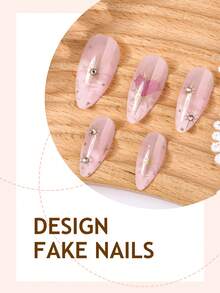 24片扎染亚克力美甲贴纸，中号杏仁形，粉色闪光爱心和金色星星图案，3D水钻装饰，全覆盖经典设计，适合女性和女孩日常佩戴的美甲用品 - 彩色 - 查看 3