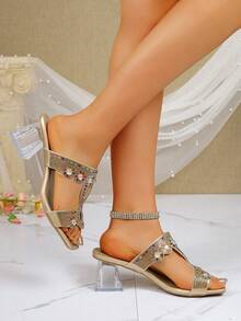 新款水晶装饰派对沙滩坡跟凉鞋，时尚百搭水钻露趾粗跟波西米亚风拖鞋 - 金色 - 查看 4