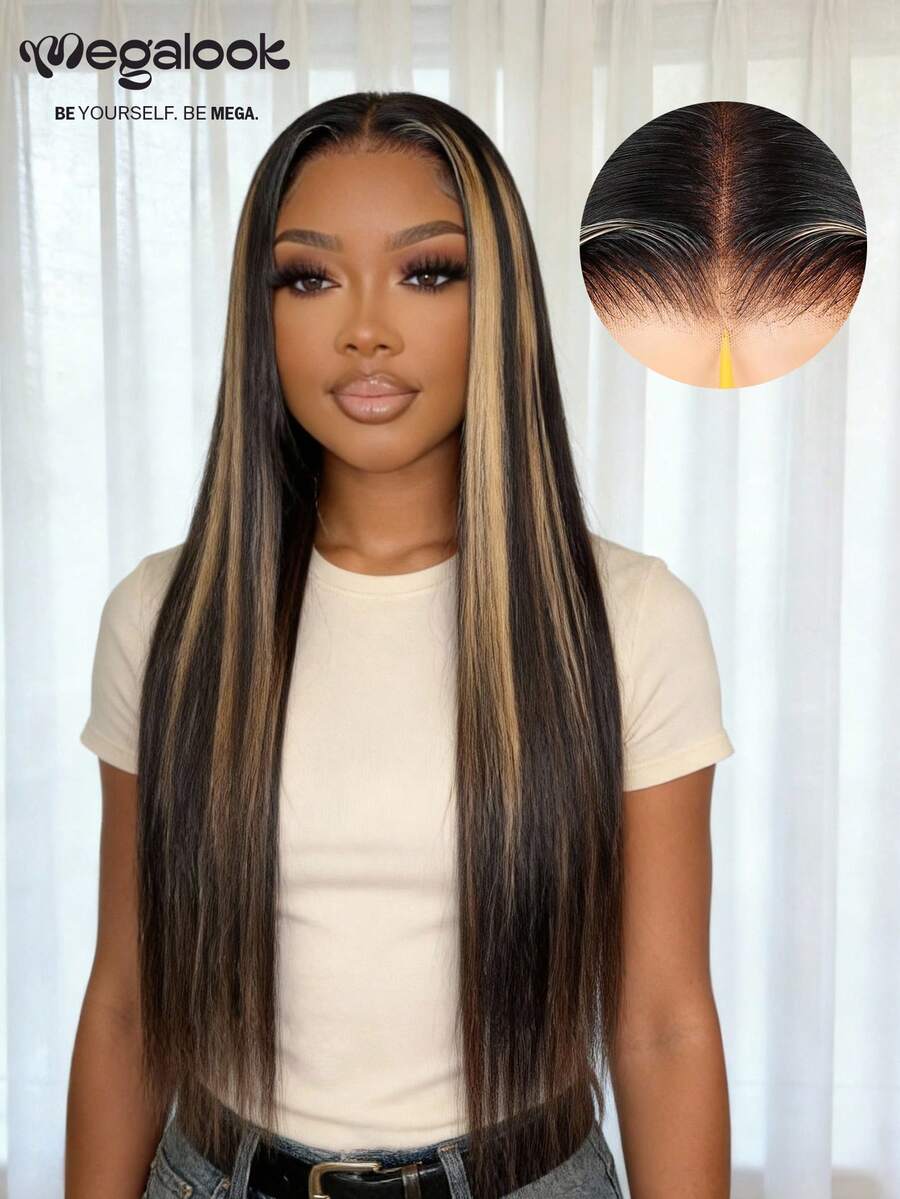 MEGALOOK 10-30 Inch Ombre Highlight 6x5 Lace Silk Straight 100% Human Hair Wig, Pre-Cut Lace Closure Natural Hairline, Beginner Friendly Transparent Lace Wig 180% Density Bobo Head Long Hair Wig - No Glue, Natural Look For Daily, Halloween, Party, Y2K, Vacation, Cosplay, School, Christmas, Wedding, Holiday - SNATURAL/27 - View 1