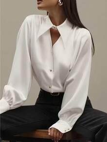 Women's Elegant Pointed Collar Button-Up Long Sleeve Shirt White Spring - White - View 5