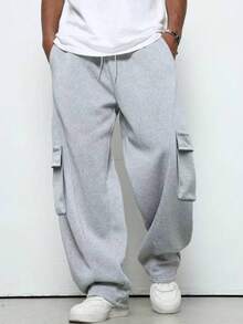 Plus Size 6XL Men's Autumn/Winter Sweatpants, Cargo Style With Large Pockets, Straight Leg, Slightly Stretchy, Suitable For Sports, Casual, Running, Outdoor, Shopping, Dating And Daily Wear - 灰色 - 查看 3