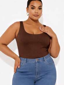 Plus Size Wide Strap Tank Top - Óxido marrón - Ver 2