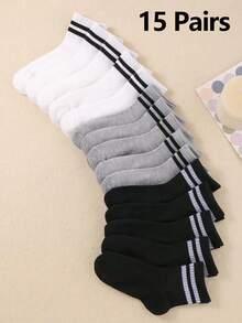15 Pairs Kids' Socks - Classic Black White Gray Striped Crew Socks For Boys & Girls, Soft Comfortable School Socks, Teen Athletic Socks For Sports, Daily Wear, Back To School Essentials , Organic, Boneless Socks Quarter Socks - Multicolor - View 11