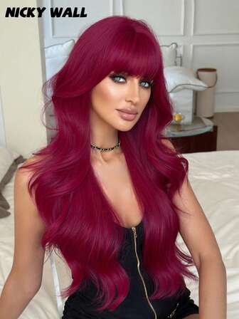 NICKY WALL 天鹅绒酒红色长款波浪卷假发，蓬松自然卷发带刘海，时尚合成耐热纤维假发，适合女孩角色扮演、派对、日常佩戴，28英寸