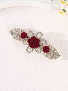 1 Stück burgunderrote Samt Rose mit Strass Haarclip, 3D Hohlmetall mit Kristallen besetzt, akzentuiert mit burgunderroten Samt Rosen, eleganter luxuriöser Bankett Haarschmuck, Braut Hochzeit Haarschmuck, Haarklammer, Haarspange, Haarspange