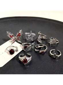 9件套复古美学不对称红色水晶星星银色金属戒指，适合女性，朋克Y2K EMO风格饰品