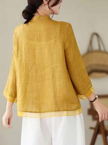宽松复古中国风七分袖拼接设计衬衫 - 黃色 - 查看 2