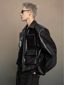 New Niche High-End Silhouette Design Leather Jacket Men's Workwear With Multiple Pockets Loose Casual Short Jacket Top - 黑色 - 查看 3