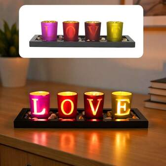 4pcs Glass Candle Holders + Wooden Tray, Creative "HOME" "LOVE" Candle Holders Set, Colored Glass Cup Windproof Decorative Candle Holders, Tea Light Candle Holders, Home Decor, Christmas Candle Holders | Housewarming, Wedding Gift [Candles Not Included]
