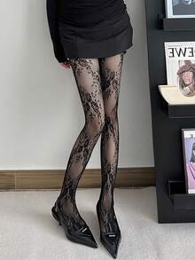 Collants transparents de couleur unie ajourés, bas résille sexy pour femmes, options en noir - Multicolore - Voir 4