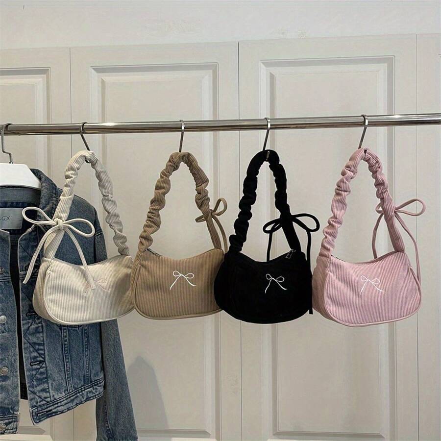 Women's Corduroy Shoulder Bag With Bow Embroidery - Adjustable Crossbody/Handbag, Zipper Closure & Polyester Lining - Cute Compact Underarm Purse Suitable For Casual, Office, Parties (Khan///) - 粉色 - 查看 1