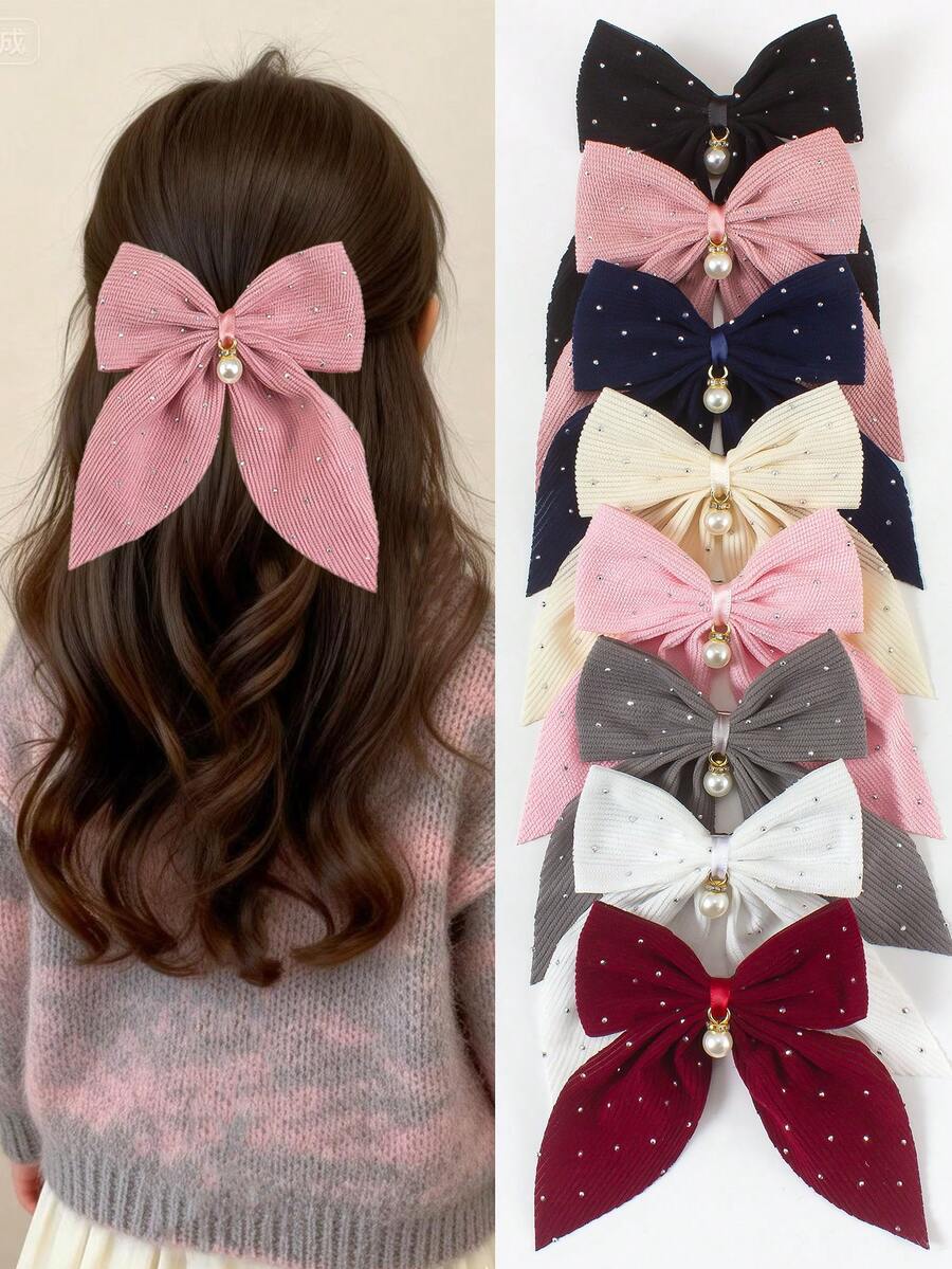 6pcs Solid Color Textured Rhinestone Bow Hair Clips, Elegant Pearl Pendant Large Barrettes, Cute Girl Princess Hair Accessories For Daily Wear And Party