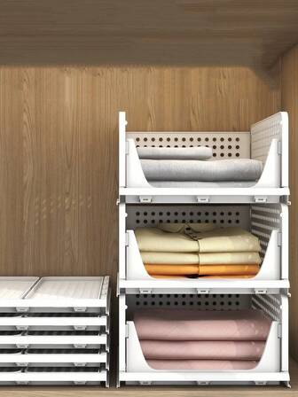 1pc White Stackable Plastic Storage Basket, Foldable Wardrobe Partition Storage Box And Storage Box Drawer Rack Storage Container, Multi-Layer Partition Sorting Pull-Out Clothes Storage Basket, Suitable For Wardrobes, Cabinets, Kitchens, Bathrooms, Offices, Office Decoration