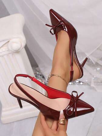 Vinröda högklackade skor för kvinnor, spetsig tå med rosett och eleganta pumps, sexiga tunna klackar med stängd tå för vår och höst