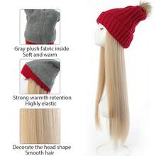 女士冬季保暖长直发假发帽针织帽，逼真黑色合成纤维发丝，适合寒冷天气 - 彩色 - 查看 5