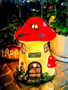 1 件欢迎蘑菇屋雕像装饰，20 厘米高太阳能蘑菇屋夜灯，户外花园装饰，送给朋友和家人的礼物，树脂工艺雕塑