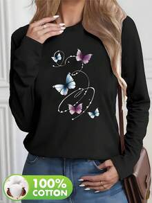 Women's Ombre Butterfly Curve Print T-Shirt, Dreamy Black Loose Top, Round Neck Design, Long Sleeve T-Shirt, Elegant Minimalist, Autumn/Winter, Women's Top, Printed Long Sleeve T-Shirt, Women's T-Shirt - Black - View 6