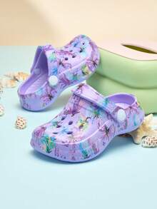 儿童印花套脚凉鞋，防滑EVA材质，休闲时尚，舒适柔软厚底沙滩鞋，镂空拖鞋 - 紫色 - 查看 1