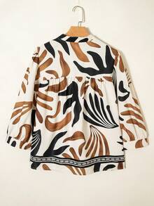 Acelitt Women's Brown Vintage Abstract Print Puff Sleeve Loose V-Neck Top, Spring Vacation - Multicolor - View 4