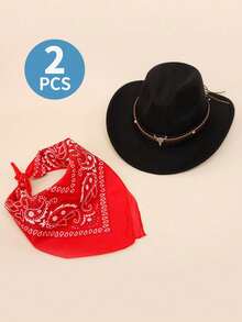 Bộ trang phục cao bồi miền Tây cho trẻ em gồm 2 món - Mũ cao bồi và khăn bandana, phù hợp cho bé trai và bé gái từ 3-12 tuổi, mũ nỉ mềm vành cuộn cổ điển, thích hợp cho lễ Halloween, tiệc rodeo, hóa trang cao bồi. - (Đầu bò nhỏ) + khăn vuông màu đỏ - Xem 5