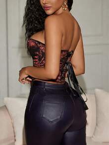 Áo corset dáng croptop Yuwenier cổ điển thêu hoa, viền khăn tay, có gọng, buộc dây phía sau, không lưng, thích hợp cho phụ nữ đi chơi ngày Valentine và dự tiệc theo chủ đề. - Màu Đỏ Sâu - Xem 2