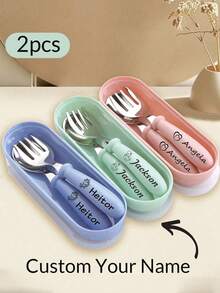 2pcs Personalized Cutlery Set, Customized Spoon - Customizable Name Engraved Spoon And Fork Set - Stainless Steel Flatware Set, Stainless Steel Cutlery, Suitable For Anniversary, Valentine's Day, Mother's Day, Birthday, Youth Day, Father's Day, Graduation, Wedding, Housewarming And Other Occasions, Can Be Used In Restaurants, Kitchens, Offices, Schools, Creating A Warm Atmosphere And Adding Harmonious Aesthetics To Autumn Home Decor. - nhiều màu - Xem 1