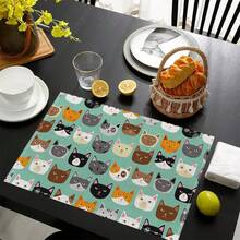 1/4/6/8/12 Peças Jogos Americanos Laváveis Impressos com Padrão de Gato, Protetores de Superfície de Mesa, Tapetes de Mesa de Jantar Interno e Externo, Adequados para Festas de Feriados, Cozinha e Jantar