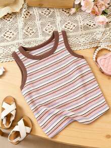 Cute Striped Crew Neck Tank Top, Minimalist And Fashionable, Suitable For Casual Everyday Wear In Spring And Summer - Pink - View 2