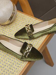 女士尖头蝴蝶结装饰套脚鞋，甜美风格户外日常休闲乐福鞋，软底工作鞋，驾车鞋，绿色丝绒金属装饰平底鞋，时尚办公尖头鞋 - 綠色金絲絨-方扣鏈條 - 查看 8