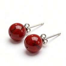 1 Pair 925 Sterling Silver Asymmetrical Natural Red Stone Hoop Earrings, Designer Fashion Elegant Sexy Jewelry Gift For Young Women, Luxury Couple Vacation