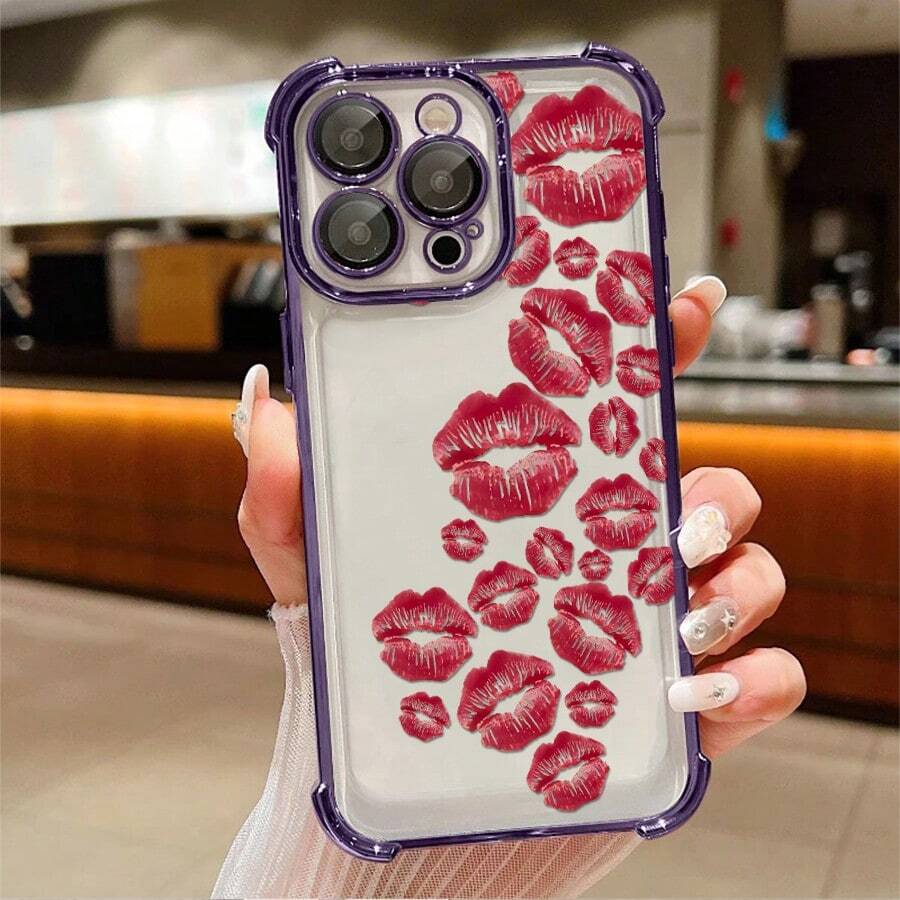 1pcs Red Lip Print Phone Case Compatible with Apple Phone17ProMax 16 15 14Plus 11 12 13 ProMax Antidrop Phone Case Camera Protection Phone Case Girlish Style Popular Personality Cute Fashion Can Be Given To A Lover Can Be Given To Friends - Morado - Ver 1