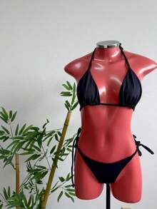 String Bikini With Micro Thong Bottom For Tan Lines - Elegant Tie-Back Closure, Perfect For Vacation Or Beach. - màu đen - Xem 2