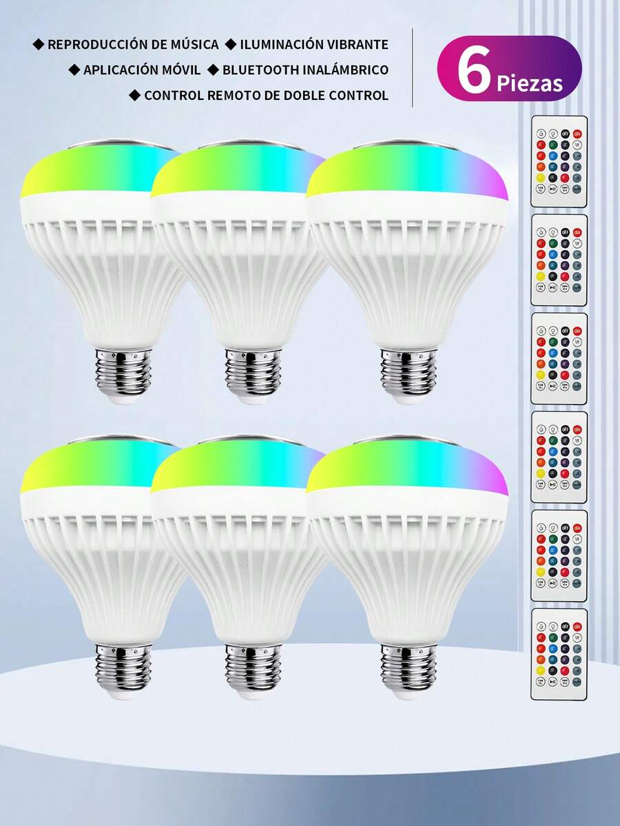 6 Piezas Bombilla musical Bluetooth, bombilla con altavoz que cambia de color RGB, Bombilla LED regulable, bombilla de luz RGBW de cambio de color, 12 opciones de color ,12W equivalente a 60W, AC 110-130V, base de rosca E27 con control remoto para decoración del hogar, dormitorio, escenario, fiesta.