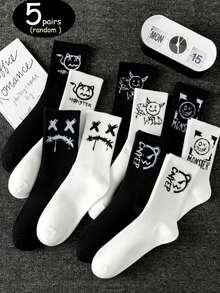 1双/5双/10双装，随机发货。个性化鬼脸图案多功能中筒袜，四季皆宜，任您选择。