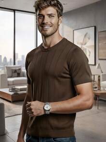 Men's Brown Ribbed Knit T-Shirt, Stylish, Short-Sleeved, Textured, Luxury Knit - 鏽棕色 - 查看 12