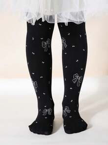 1 Paar Baby Mädchen Prinzessin Schwarz Blumen Silber Schleife atmungsaktive bequeme Strumpfhose, geeignet für den täglichen Gebrauch oder Outfit - Schwarz - Übersicht 6