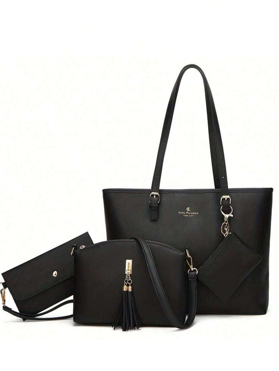New European And American Style Large Capacity 3 PiecesSolid Color Maternity Bag Set, Crosshatch Tote Bag, Vintage Shoulder Messenger Handbag - Black - View 1