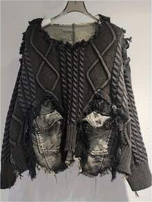 GLOURI Women's Brown Cropped Sweater - Denim Pocket Patch & Fringed Detail | Edgy Casual Style For Weekend Shopping,BFF Dates, Daily Commute, Street Strolls & Autumn Walks For  Relaxed Looks - màu đen - Xem 1